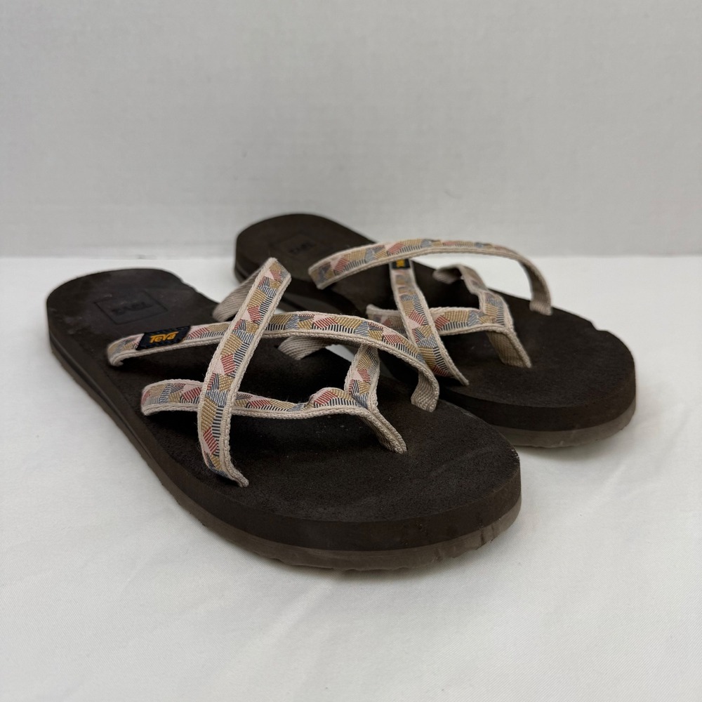 Teva Olowahu Strappy Sandals Brown Patterned Webbing Flip Flops Womens 8 6840